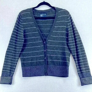 American Eagle Women’s Cardigan Sweater Size L Gray/Silver Stripe V-Neck Button